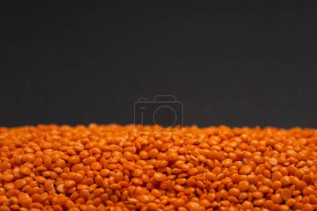 Photo for Red lentils pile. Dry orange lentil grains, heap of dal, dhal, masoor, Lens culinaris or Lens esculenta on dark background. - Royalty Free Image