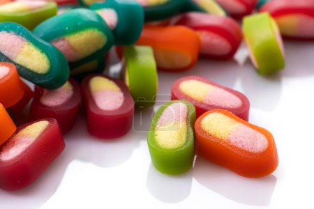 Colorful gummy jelly candies on white. Jelly sweets.