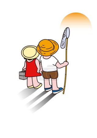 Illustration for Back view of a boy and a girl watching the sunset on the way home from catching insects during summer vacation - Royalty Free Image