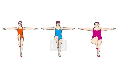 Illustration for Three women in leotards doing aerobics exercises for health and weight loss - Royalty Free Image