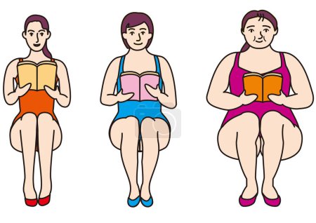 Illustration for Three types of women who wear leotards and read manuals to exercise for health and beauty - Royalty Free Image