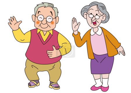 Ilustración de A friendly and healthy elderly couple who smiles and greets cheerfully - Imagen libre de derechos
