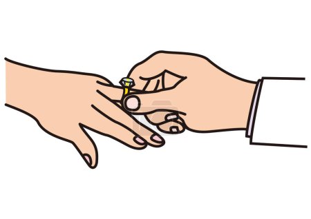 Foto de La mano del novio poniendo un anillo de bodas en el dedo anular de la novia en una ceremonia de boda - Imagen libre de derechos