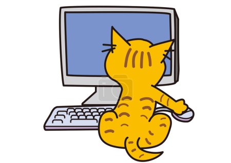 Foto de Vista posterior de un gato mascota mirando la pantalla de una computadora y manipulando un ratón - Imagen libre de derechos