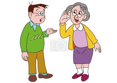Photo for Conversation between a young man and a deaf elderly woman - Royalty Free Image