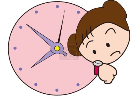 Illustration for A young girl who cares about the time looking at her watch - Royalty Free Image