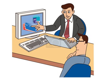 Téléchargez les photos : Homme d'affaires montrant un écran d'ordinateur et donnant une présentation - en image libre de droit