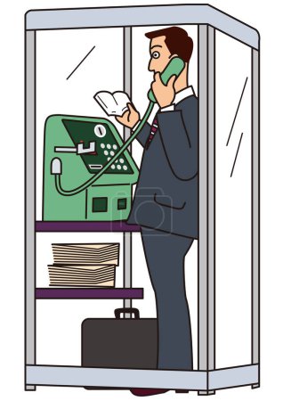 Téléchargez les photos : Homme d'affaires appelant à une cabine téléphonique publique tout en regardant une note de service - en image libre de droit