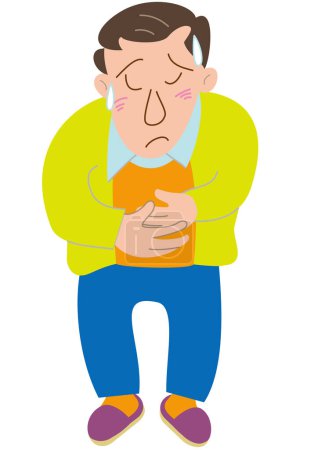 Un hombre de mediana edad con un estómago enfermo y sudoración fría