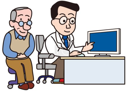 Illustration for Doctor explaining symptoms of elderly male patient looking at computer monitor - Royalty Free Image