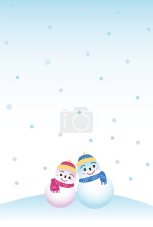 Winter greeting card with snowman lover in falling snow