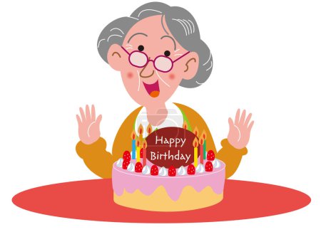 Grand-mère est heureuse devant son gâteau d'anniversaire