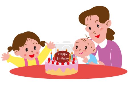 Tochter und Mutter feiern Babygeburtstag mit Geburtstagstorte.
