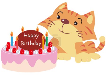Happy pet cat in front of birthday cake on birthday