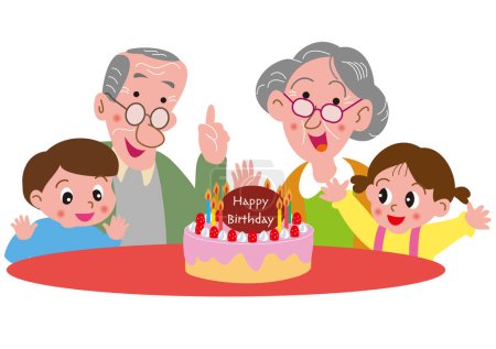 Elderly couple and children celebrating birthday with birthday cake