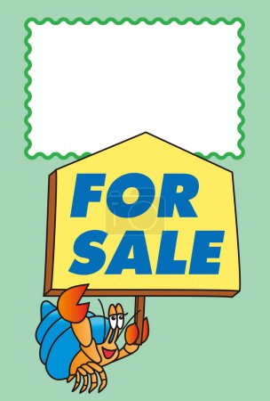 Eine Postkarte, die einen Einsiedlerkrebs zeigt, der ein Plakat hält und einen Verkauf ankündigt.