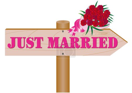 Eine Wegweisertafel in Form eines Wegweisers mit einem Strauß Rosen, der die Heirat ankündigt.
