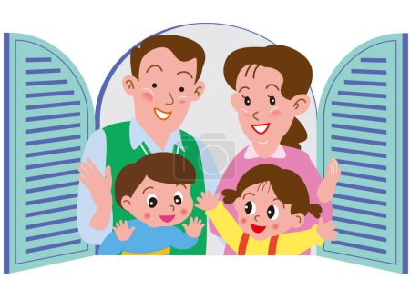 Téléchargez les illustrations : Une famille qui se réjouit par la fenêtre après avoir emménagé dans une nouvelle maison - en licence libre de droit
