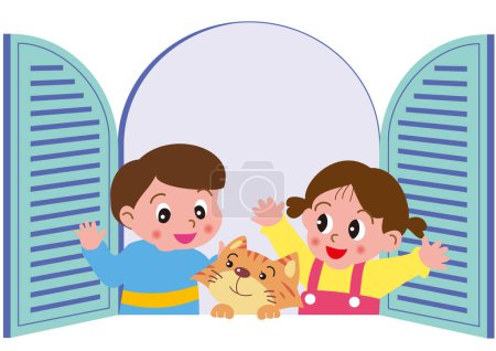 Téléchargez les illustrations : Enfants et chat sont très heureux d'ouvrir la fenêtre - en licence libre de droit