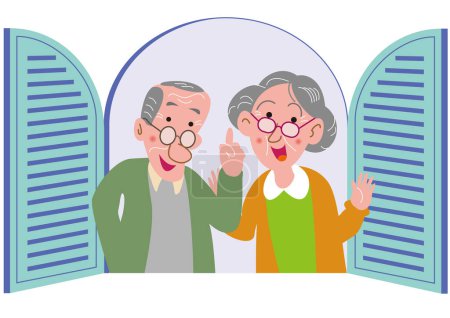 Téléchargez les illustrations : Un couple âgé est heureux d'ouvrir les fenêtres de sa nouvelle maison - en licence libre de droit