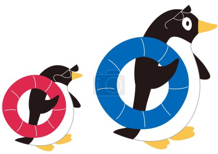 Illustration for A family of penguins go swimming in the sea with a float - Royalty Free Image