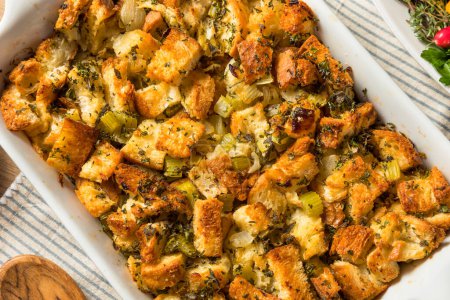 Homemade Thanksgiving Stuffing Dressing Casserole with Thyme and Sage