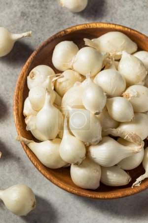 Foto de Cebollas perlas orgánicas blancas crudas en un racimo - Imagen libre de derechos