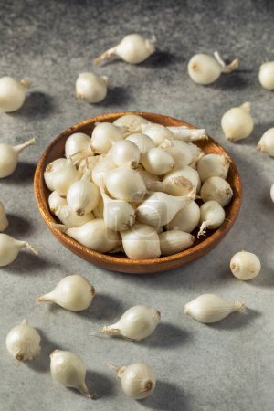 Cebollas perlas orgánicas blancas crudas en un racimo