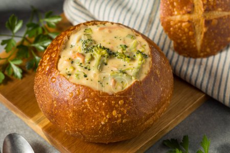 Homemade Broccoli Cheddar Soup Bread Bowl with Parsley