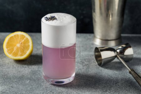 Foto de Boozy Purple Lavender Gin Fizz Cocktail with Lemon and Soda Water - Imagen libre de derechos