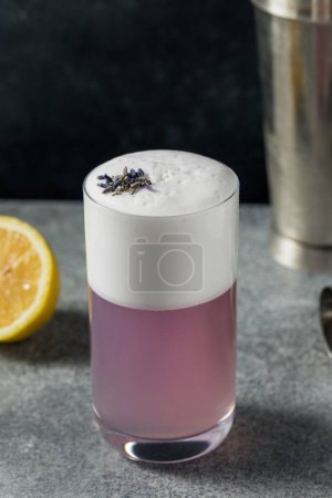 Foto de Boozy Purple Lavender Gin Fizz Cocktail with Lemon and Soda Water - Imagen libre de derechos