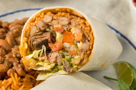 Téléchargez les photos : Burrito de steak au fromage mexicain maison avec guacamole et salsa - en image libre de droit