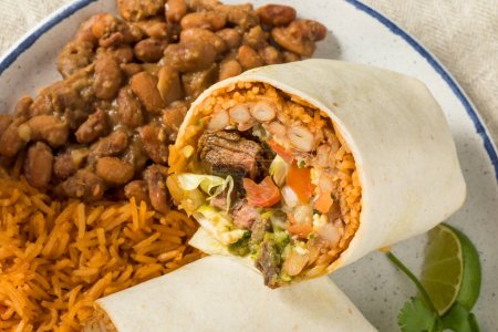 Photo for Homemade Mexican Cheesy Steak Burrito with Guacamole and Salsa - Royalty Free Image