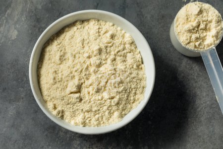 Téléchargez les photos : Poudre de protéines de lactosérum vanille saine biologique dans une cuillère - en image libre de droit