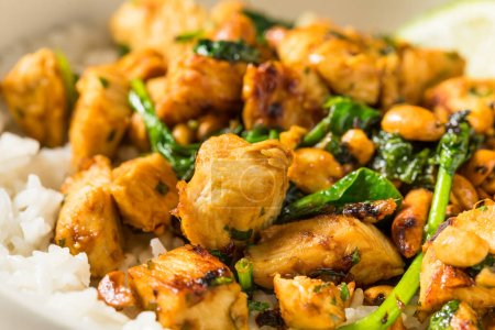 Photo for Asian Ginger Peanut Chicken and Rice with Lime and Herbs - Royalty Free Image