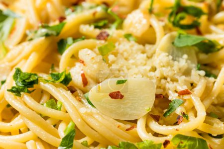 Photo for Homemade Pasta Aglio e Olio Dinner with Garlic and Oil - Royalty Free Image