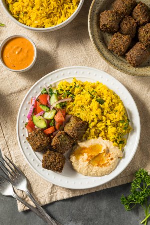 Téléchargez les photos : Plaque de Falafel méditerranéenne maison avec riz et houmous - en image libre de droit