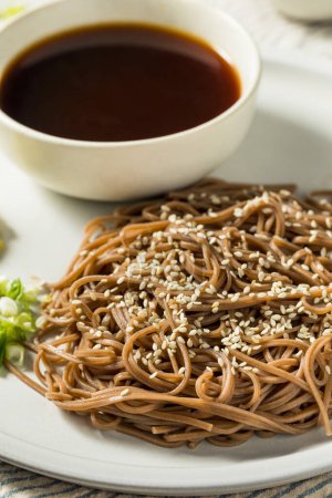 Photo for Homemade Buckwheat Japanese Dipping Soba Noodles with Soy Sauce - Royalty Free Image