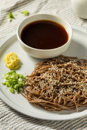Téléchargez les photos : Nouilles japonaises de sarrasin maison trempant le soba avec la sauce de soja - en image libre de droit