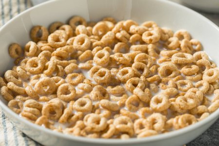 Foto de Anillos de cereales para el desayuno de avena saludable con leche entera - Imagen libre de derechos