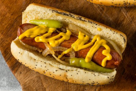 Photo for Homemade Chicago Style Maxwell Street Polish Sausage with Mustard and Onions - Royalty Free Image