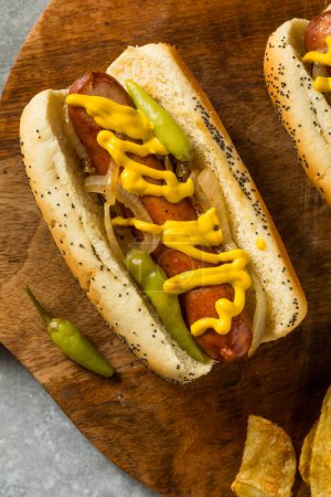 Photo for Homemade Chicago Style Maxwell Street Polish Sausage with Mustard and Onions - Royalty Free Image