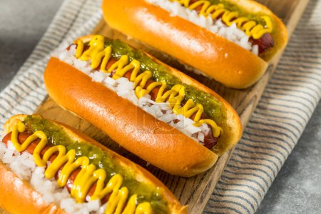 Photo for Char Grilled Hot Dog with Mustard Relish and Onion - Royalty Free Image