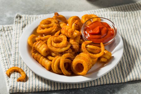 Seasoned Homemade Curly French Fries with Ketchup