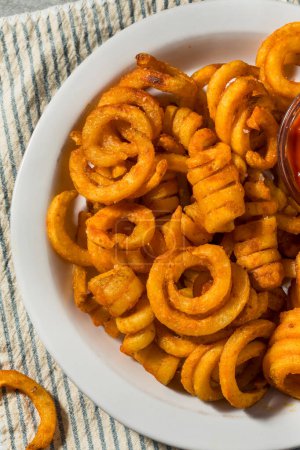 Photo for Seasoned Homemade Curly French Fries with Ketchup - Royalty Free Image