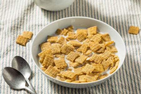 Foto de Cereales de trigo entero de canela orgánica saludable con leche - Imagen libre de derechos