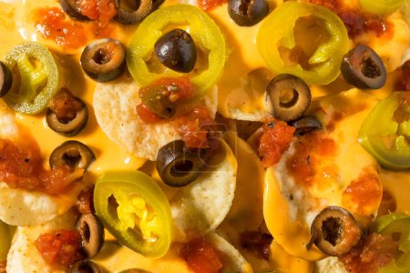 Photo for Homemade Basic Mexican Nachos with Cheese Jalapeno and Olives - Royalty Free Image