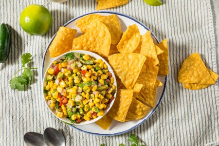 Téléchargez les photos : Salsa de maïs biologique maison aux chips de tortilla - en image libre de droit