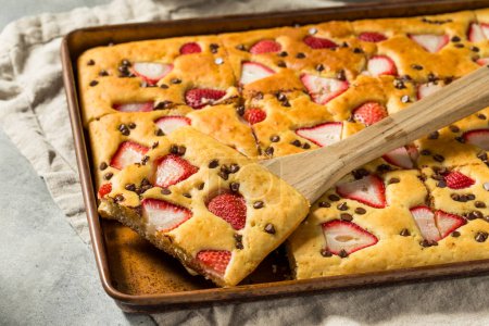 Homemade Baked Sheet Pan Pancakes with Strawberries and Chocolate