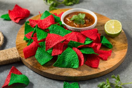 Téléchargez les photos : Chips de tortilla de Noël rouge et vert festifs avec salsa - en image libre de droit